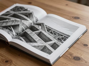 A close-up architectural monograph laying open on a raw wooden table, showing black and white photography of concrete structures.