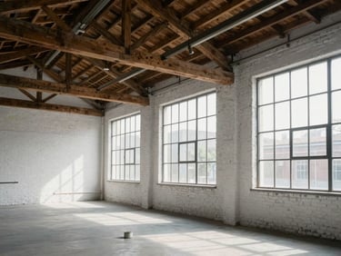 An adaptive reuse creative studio with exposed timber trusses, white brick walls, and large industrial windows casting diffuse daylight.