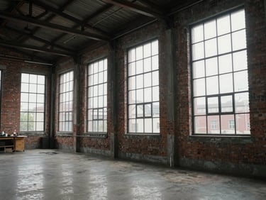Cinematic, eye-level shot of an industrial warehouse converted into a creative studio, raw brickwork, steel-framed windows, diffuse overcast daylight.