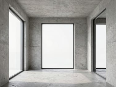 Minimalist concrete apartment interior, large windows with unfiltered light, raw plaster walls, high-end editorial photography, 35mm