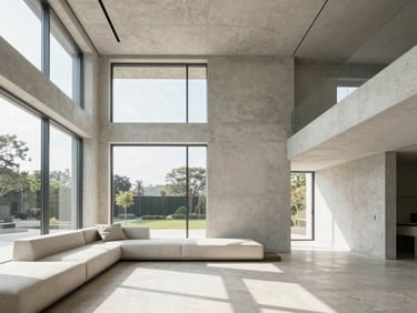 Interior architectural photography of a minimalist concrete and travertine duplex living room, bright natural daylight streaming through floor-to-ceiling windows, sharp focus, 35mm