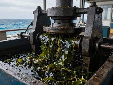 Heavy pressing machinery extracting dark green seaweed juice in an industrial coastal workshop, high-contrast lighting, raw textures.