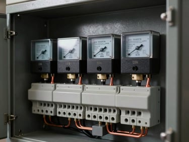 Close-up of industrial electrical metering panel interior under studio strobes — DIN-rail mounted meters, terminal blocks, and copper bus bars in sharp detail, finish quality and labeling clearly visible, black cabinet background