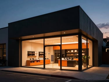 Cinematic wide shot of a modern real estate showroom at dusk, warm interior lights, sharp architectural lines, dramatic key lighting
