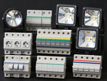 A collection of heavy-duty electrical switches, sockets, and bright LED floodlights.