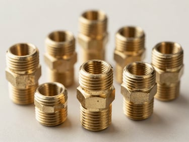 Close-up of brass camlock couplings and threaded pipe fittings arranged neatly on a light surface.
