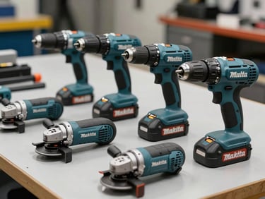 A selection of genuine Makita drills and heavy-duty power grinders laid out on a clean workbench.