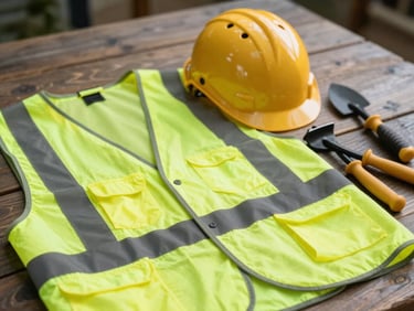High-visibility safety vests, durable helmets, and professional gardening tools.