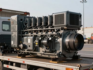 Industrial genset unit staged on a truck flatbed at a port facility, tungsten lighting, metal and steel textures prominent