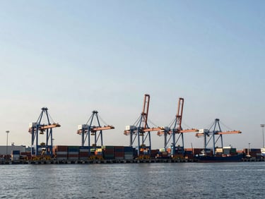 Wide environmental shot of Makassar port cargo activity from a distance, multiple cranes and containers visible across the frame, natural midday light, low horizon with open sky