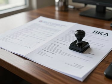 Close-up of SKA export documents and customs stamp on a wooden desk at a Makassar port office, natural window light from the left