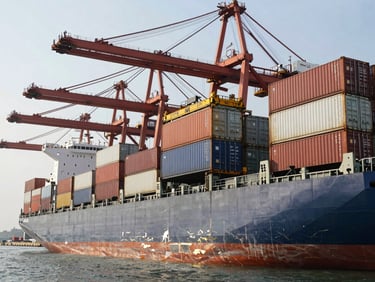 Wide shot of reefer containers being loaded onto a cargo ship at Makassar port, crane visible, natural daylight, industrial scale