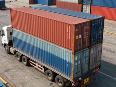 Overhead view of general cargo containers stacked on a truck bed at a Makassar loading dock, midday light, industrial environment