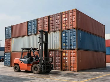 Wide shot of stacked general cargo containers on a loading dock at Makassar port, forklift in motion to the left, midday industrial lighting