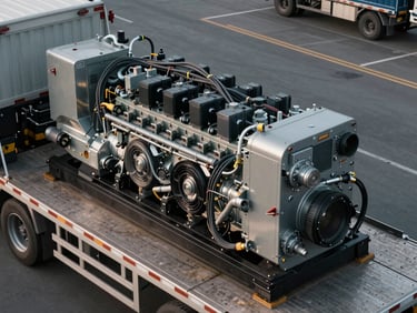 Overhead view of an industrial genset unit secured on a flatbed truck bed, cables staged, tungsten lighting in a staging yard