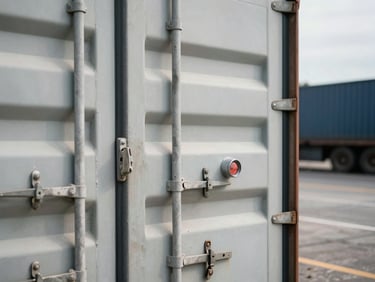 Close-up of a reefer container door seal and temperature lock handle on a dockside container, natural daylight, industrial texture