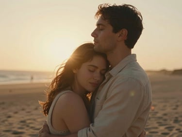 Cinematic medium shot of a couple embracing with closed eyes during golden hour, sun flare, warm sand tones