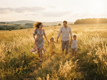 Cinematic wide shot of a young family running through a sun-drenched golden field, warm backlighting, 35mm film aesthetic