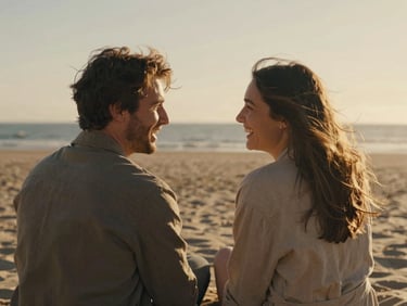 A couple sharing a quiet laugh on a sun-drenched beach, wind-blown hair, warm cinematic tones, shallow depth of field