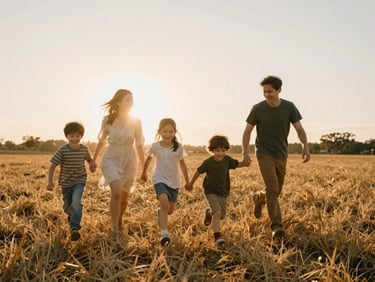 A young family running through a golden-hour field, kids laughing naturally, warm sun flare, candid 35mm film style