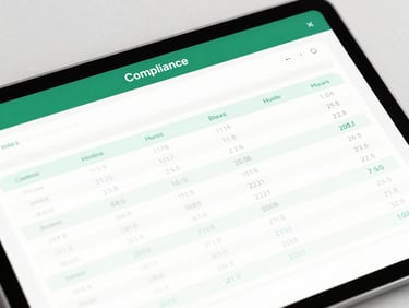 Close-up of a modern tablet displaying a clean compliance dashboard with audited balance sheets, soft natural shadows, minimalist white and deep green tones