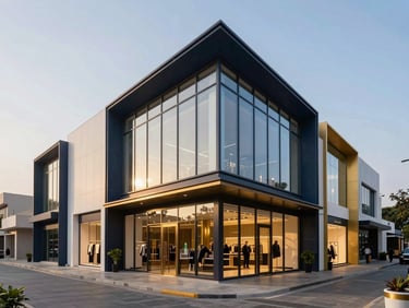Luxury retail high-street arcade in Gurgaon, double-height glazing, modern architectural design, clean lines