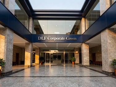 Symmetrical wide-angle shot of a premium corporate office lobby in DLF Corporate Green, Gurgaon, polished granite, clean lines, professional atmosphere.