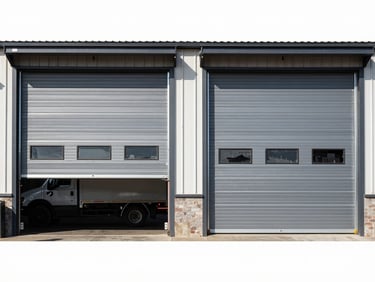 Wide shot of a commercial garage door, partially open, with a service truck parked nearby, clear daylight.