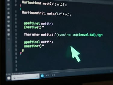 Screen showing Python code for a machine learning model, with a neon-mint cursor, low-key monitor glow, moody tech photography, 35mm lens.