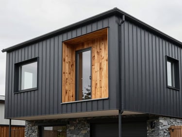Architectural photography of a modern house with dark zinc cladding and warm wood panels, overcast soft daylight, sharp details