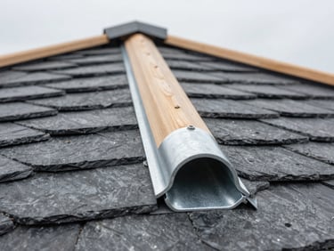 Detailed macro shot of a hand-shaped zinc standing seam joint on a slate roof, architectural precision, overcast light