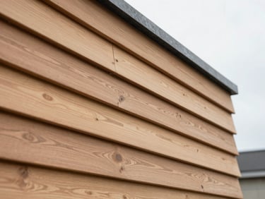 Close-up of modern composite wood cladding installation, clean geometric lines, overcast natural light, sharp detail