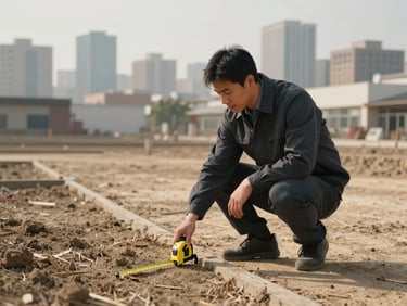 Valuer crouching at the corner of a commercial plot boundary, measuring tape extended across dry earth, urban skyline softly out of focus in the background, afternoon daylight