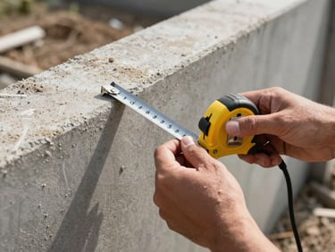 Close-up of a valuer's hands holding a steel measuring tape against a concrete boundary wall on a property site, natural morning daylight, dust and texture visible on the surface
