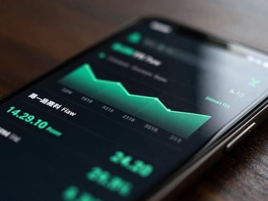 Close-up macro shot of a physical Android smartphone screen displaying a dark-mode financial dashboard with mint-green metrics and charts, moody backlighting, shallow depth of field, no people.