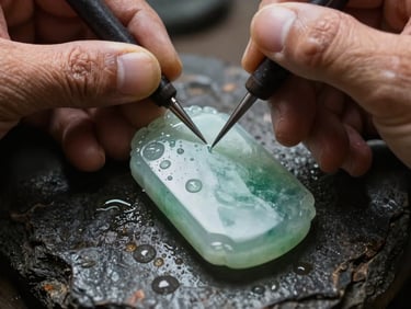Extreme close-up of an artisan's weathered hands using a fine carving needle on a semi-translucent green jade pendant, tiny water droplets scattering, soft directional sunlight, 85mm lens