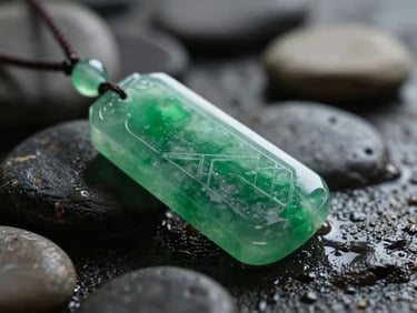 Macro photograph of a vibrant imperial green jade pendant, carved with minimalist geometric lines, resting on wet dark river stones, soft morning light