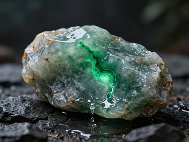 Cinematic macro shot of a rugged, mountain-matured raw jade boulder, sliced open to reveal a glowing vein of imperial green within, water dripping from the cut, dark moody studio background