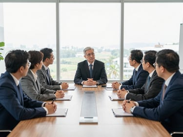 Structured corporate meeting with regional leaders and international partners around a wooden table, soft natural daylight