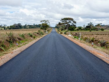 Wide environmental shot of a newly paved rural road connecting agricultural fields in Colombia, institutional documentary style, natural daylight.