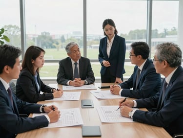 Structured corporate meeting with international diplomats and engineers reviewing blueprints, soft natural daylight, professional setting.
