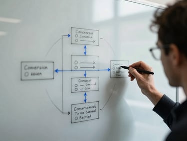Focused hands sketching complex conversion campaign architecture on a glass whiteboard, cool overcast daylight, sharp shadows, high contrast desaturated tones.