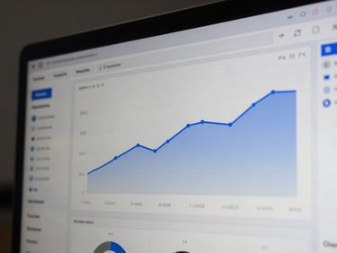 Tight macro crop of a clean, modern analytical dashboard on a screen, cool overcast London daylight reflecting off the glass, high contrast desaturated tones, sharp cobalt blue accent line on a graph.