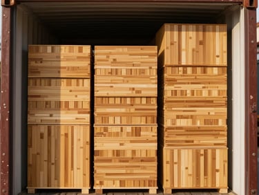 Clean, organized cargo container interior with neatly stacked, robust export-quality boxes of bamboo products, warm natural light, professional logistics setting