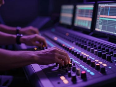 Un moniteur d'édition vidéo affichant une séquence de film sombre, des mains sur une console de mixage, lumière d'ambiance bleue et violette, profondeur de champ peu profonde.
