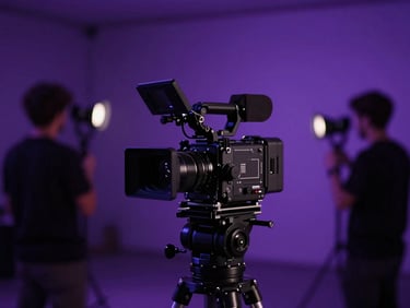 Gros plan sur une caméra de cinéma haut de gamme sur un plateau de tournage faiblement éclairé, avec des projecteurs violets en arrière-plan, effet anamorphique, profondeur de champ peu profonde.