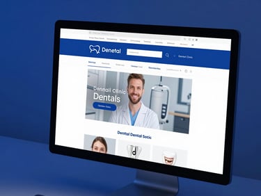 Close-up of a high-end desktop monitor showing a modern dental clinic landing page, cool studio lighting, deep blue accents