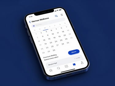 Sleek smartphone screen showing a calendar booking confirmation for a premium wellness salon, soft light, elegant aesthetic