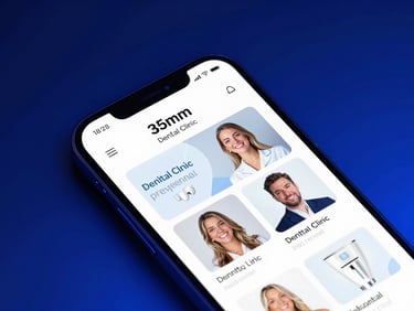 Macro shot of a sleek smartphone displaying a modern dental clinic website, cool studio lighting, deep royal blue ambient glow, sharp focus, 35mm