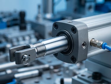Macro photography of a high-precision pneumatic cylinder, clean metallic steel shaft, cool industrial blue and gray studio lighting, sharp technical focus, 35mm